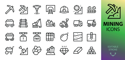 Coal mining icons set. Set of pickaxe, pick, iron ore trolley, miner helmet, tnt, mineral, ingot, coal trolley, digging, quarry dump truck vector icon with editable stroke