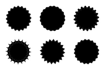 Set of six black badge silhouettes with decorative edges isolated on white background. Starburst stickers. Geometric labels for emblems and design templates