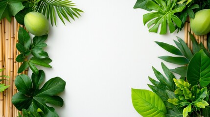 Fototapeta premium Tropical Green Leaves and Mangoes Frame on White Background