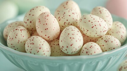 Fototapeta premium Speckled Eggs in a Light Blue Bowl Delicate Easter Holiday Still Life Celebration of Springtime