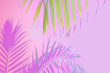 Vibrant palm fronds with neon highlights reflecting surreal hues, set against a minimal background