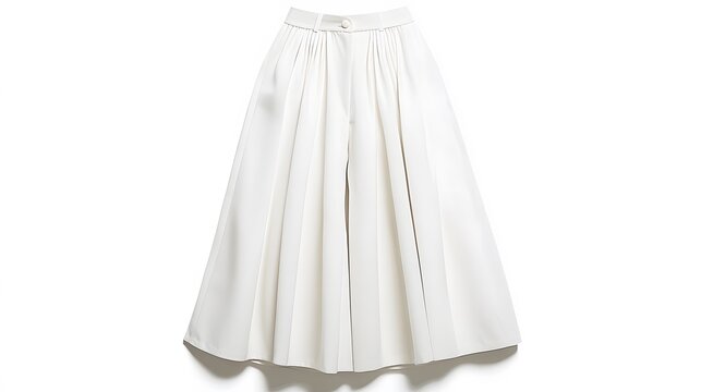 A pair of white high-waisted culottes with a wide-leg cut, displayed on a white background