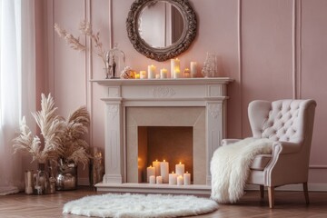 Cozy living room with fireplace, candles, and decorative elements.