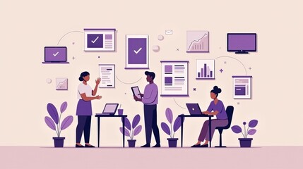 A stock illustration representing Social justice in purple and beige, with blending gradients and metaphors of TV screens and fact-check icons, textured overlays, and spatial complexity.