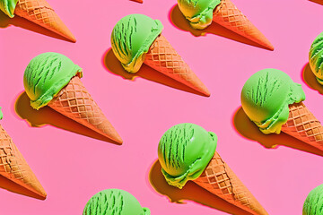 Close-up of multiple ice cream cones arranged symmetrically, showcasing colorful, vibrant scoops in pattern