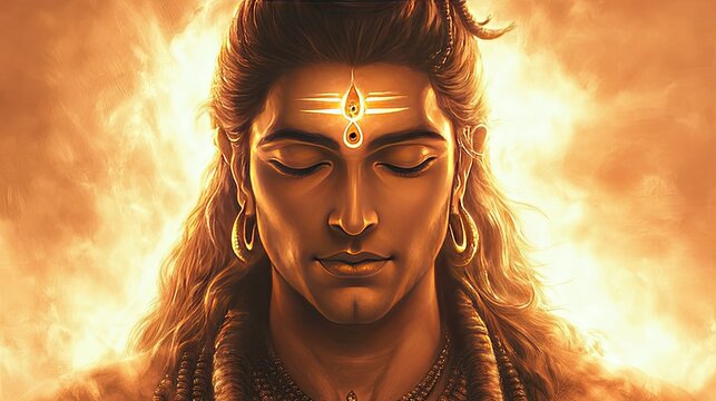 Close-up of Lord Shiva face, the divine aura glowing around his calm expression, his third eye hinting at cosmic knowledge