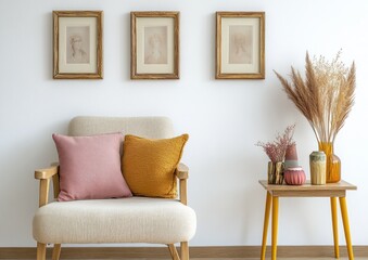 Cozy living room with framed art, textured pillows, and decorative accents.