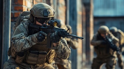 Fototapeta premium Military operation training urban environment photojournalism tactical action close-quarter combat realistic scenario