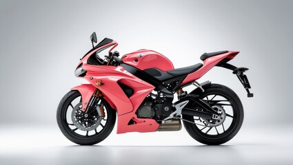 Fototapeta premium Vibrant Coral Sportbike with Intricate Detailing on Display Against a Soft Grey Gradient Background