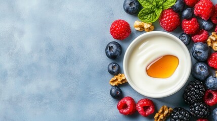 Fresh Greek Yogurt with Honey, Walnuts, and Assorted Berries on Blue Surface
