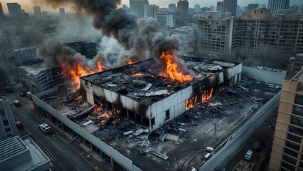 Bird's-eye view of a factory severely impacted by a fire situated in an urban area.