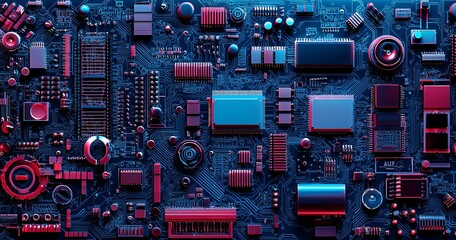 Neon cybernetic circuit board patterns, glowing electric blue and red, high-tech sci-fi design, intricate mechanical details, ultra-futuristic theme, hyper-detailed digital art
