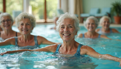 Group elderly women enjoy hydrotherapy exercise in indoor pool. Senior ladies smiling during water aerobics class, rehabilitation in nursing home. Active retirement lifestyle, healthcare concept.