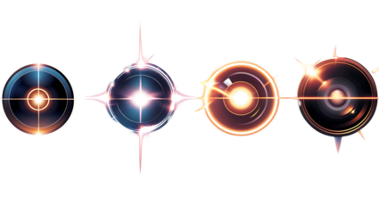 Abstract digital lens flare effect with high contrast lighting, celestial-inspired glowing orbs and starlight reflections on a transparent background