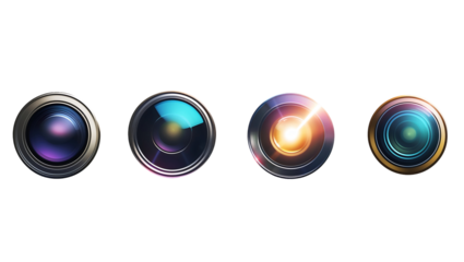Highly detailed photorealistic camera lenses with vibrant colors and polished metal, dynamic lighting and 8K digital art style, isolated on transparent background