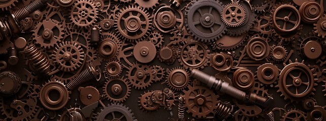 Steampunk-inspired mechanical patterns, intricate gears and cogs, aged brass and copper tones, highly detailed industrial design, vintage yet futuristic aesthetics