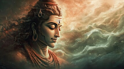 The divine face of Lord Shiva, radiating wisdom and power, with the sacred river Ganga flowing through his matted hair