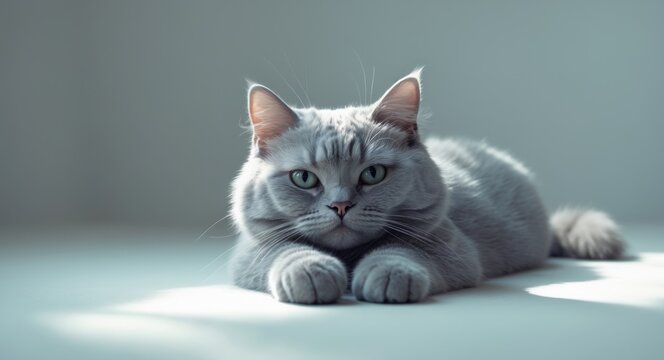 Charming Scottish Fold feline resting against a plain white backdrop.