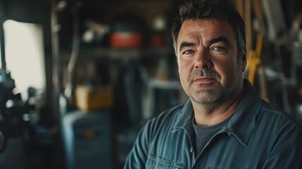 Obraz premium A middle-aged male mechanic poses confidently in a workshop. His expression reflects years of experience in the automotive repair industry amidst tools and equipment.