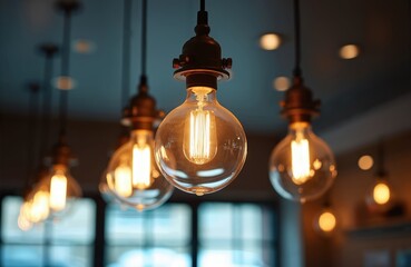 Obraz premium Close-up of modern ceiling light fixture in restaurant. Contemporary interior design with hanging Edison bulbs. Warm ambient light. Minimalistic decor, elegance, architectural style. Trendy design