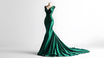 A fitted mermaid-style evening gown in emerald green, displayed on a white background