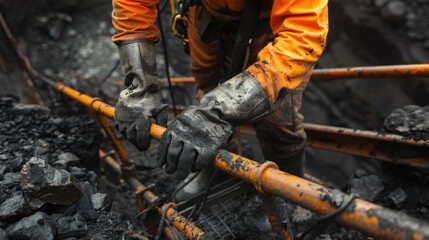 Miner Gripping Metal Railing While Descending Narrow Coal Shaft