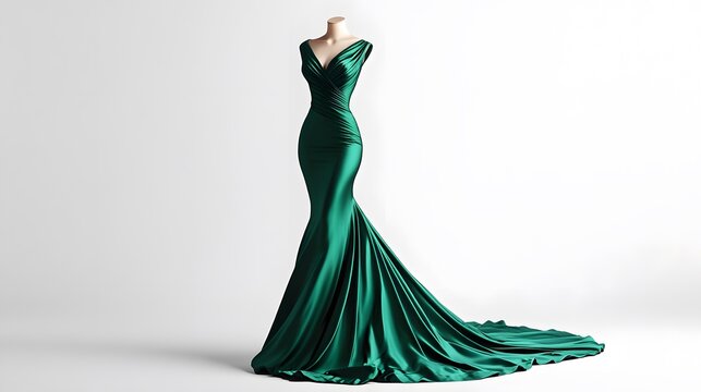 A fitted mermaid-style evening gown in emerald green, displayed on a white background