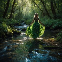 In the heart of the enchanted woods, the spirit of the forest, Sylva, takes the form of a shimmering green figure made of leaves and light. She walks barefoot over a crystal-clear stream, her presence