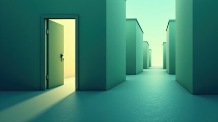 A stock illustration representing Immigration policy in teal and dark green, featuring smooth transitions and metaphors of open doors and passports, textured overlays