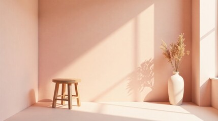 A Minimalist Room Setting with a Wooden Stool and Dried Flowers in a Vase, Bathed in Sunlight