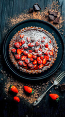 Decadent chocolate tartlet with fresh strawberries and powdered sugar for dessert inspiration