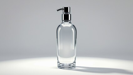 Clear Glass Tonic Bottle with Silver Mechanism in a Studio Setting on Grey Backdrop Showcasing Clean Lines and Reflections for Product Presentation