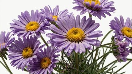 Close Up Cluster of Lavender Daisies with Yellow Centers Isolated on White Background Floral Arrangement in Natural Light