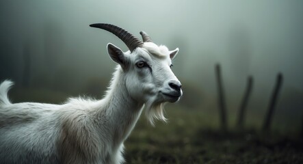 A profile view of a young white goat amidst a misty background. Livestock.