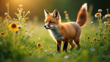 A young fox exploring its surroundings in a vast natural setting.