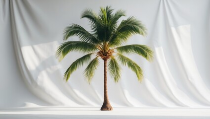 A solitary digital image of a palm tree set against a white background.