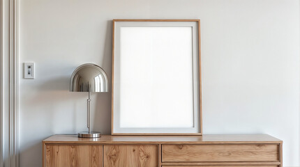 A white framed picture is on a wooden table