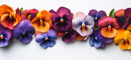 Eight colorful pansies are arranged on a white background, creating a vibrant and cheerful display