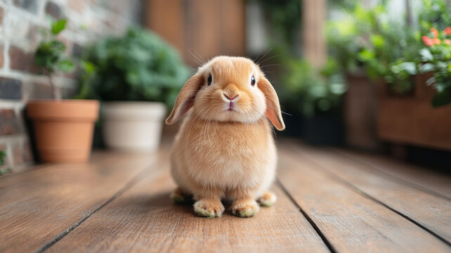 Lop-eared rabbit sitting near houseplants on wooden floor, showcasing cozy indoor pet lifestyle