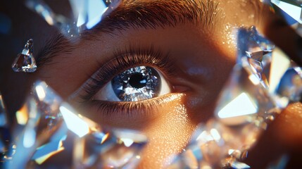 Eye peering through shattered glass with light streaks