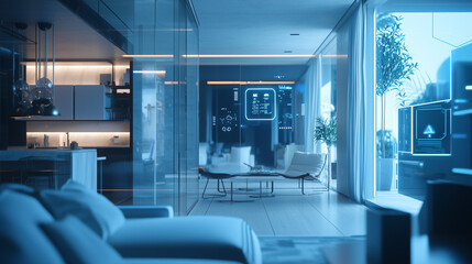 Fototapeta premium A futuristic smart home where an AI-driven holographic assistant manages lighting, security, and entertainment through voice commands, creating an interactive, seamless living experience. 