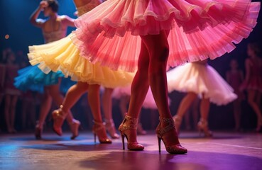 Closeup of can-can dancers with colorful skirts, shiny heels on stage. Glamour, elegance of sensual women. Burlesque theatre, cabaret show, legs, art, sexy, passion, adult skirt, attractive costume,