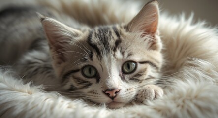 A close-up of a striped kitten resting on a fluffy white bed with selective focus.