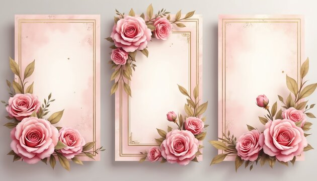 Stunning wedding invitation card design with luxurious pink watercolor floral elements, gold border. Suitable for wedding banners, invites, cover templates valentine cards. Romantic tender floral