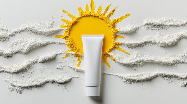 Sunscreen tube beside painted sun and titanium dioxide powder, highlighting solar radiation protection on pristine white surface