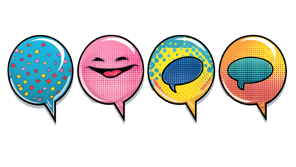 Cartoon-style dialogue balloons with vibrant colors and clean lines, graphic design elements for communication and messaging on a transparent background