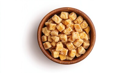 top view of crystallized ginger cubes in a wooden bowl against a crisp white background showcasing delicious and healthy candied snacks