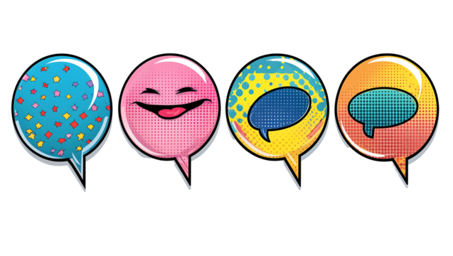 Cartoon-style dialogue balloons with vibrant colors and clean lines, graphic design elements for communication and messaging on a transparent background