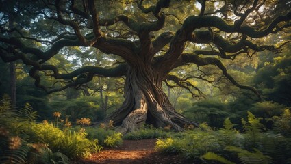 Naklejka premium tall image of an aged tree in a vibrant forest