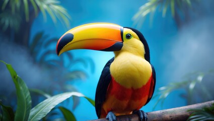 Fototapeta premium vivid toucan bird featuring a large beak against a blue backdrop